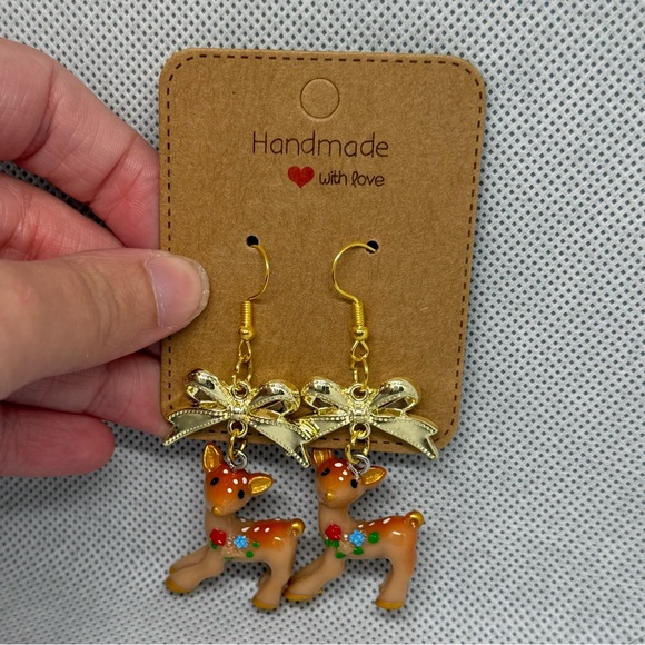 Hand Crafted Jewelry - Handmade Golden Bow Reindeer Earrings